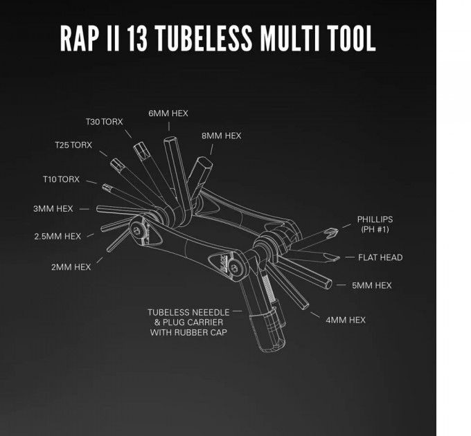 Мультитул LEZYNE RAP II, 13 інструментів, Tubeless, чорний Y14