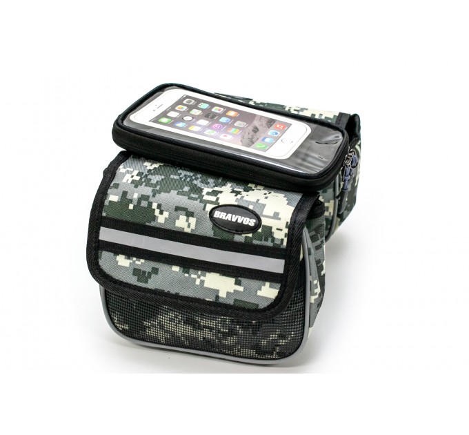 Сумка на раму BRAVVOS QL-202 з відділенням під смартфон хакі, камуфляж "піксель"