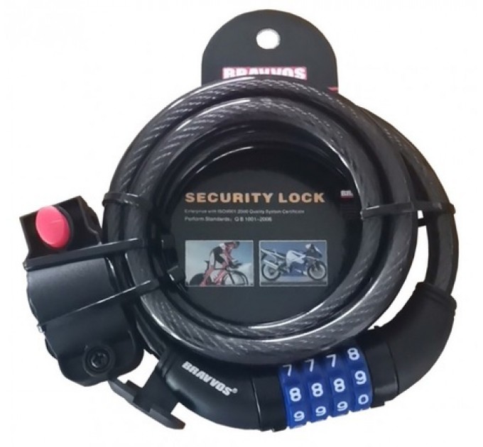 Замок тросиковий BRAVVOS LOC-125-135 з кодом 12х1500 мм, чорний