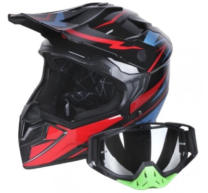 Шолом VIRTUE MD-911 чорний з синім і червоним + окуляри